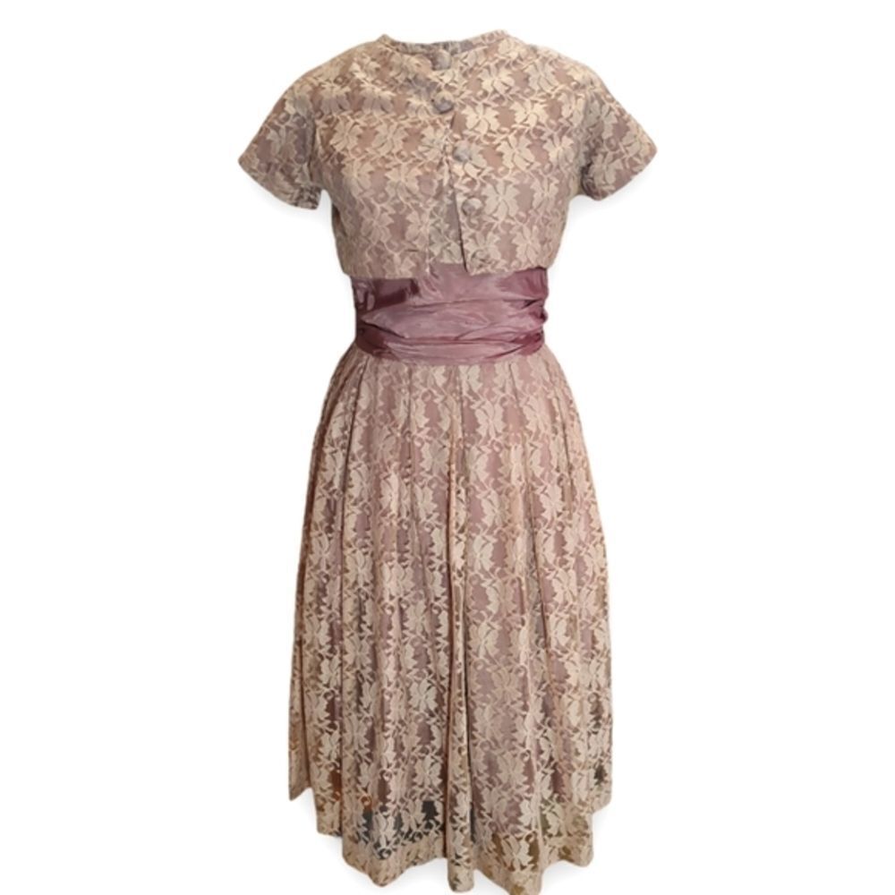1950's Vintage MCM Taupe Lace Cocktail Party Dress with Matching Jacket US XS